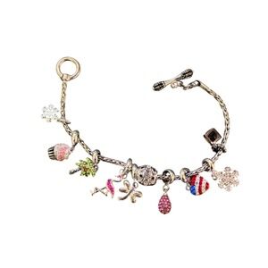 DaVinci Silver Tone Charm Bracelet Flamingo Cupcake Snowflake Toggle Clasp 8.5"
